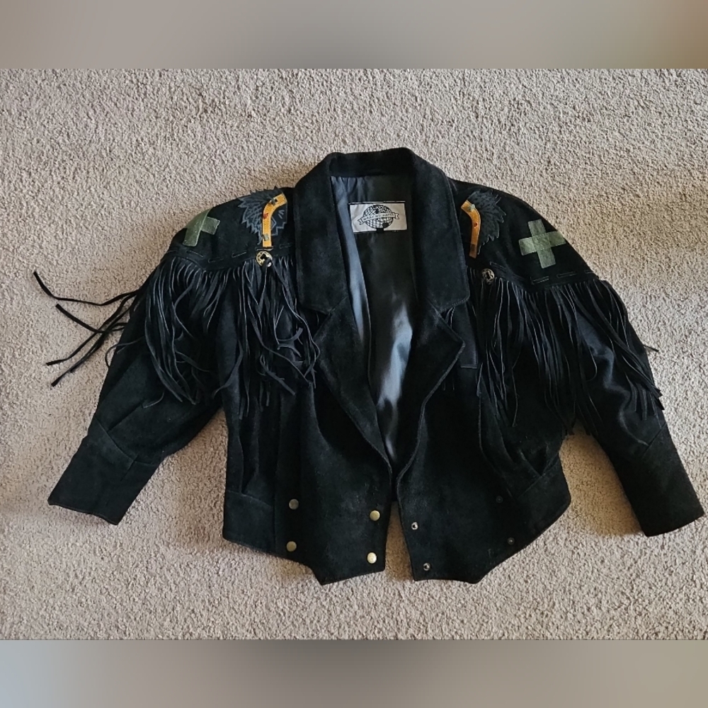 Black Fringe Suede Leather Jacket with Native Embroidery